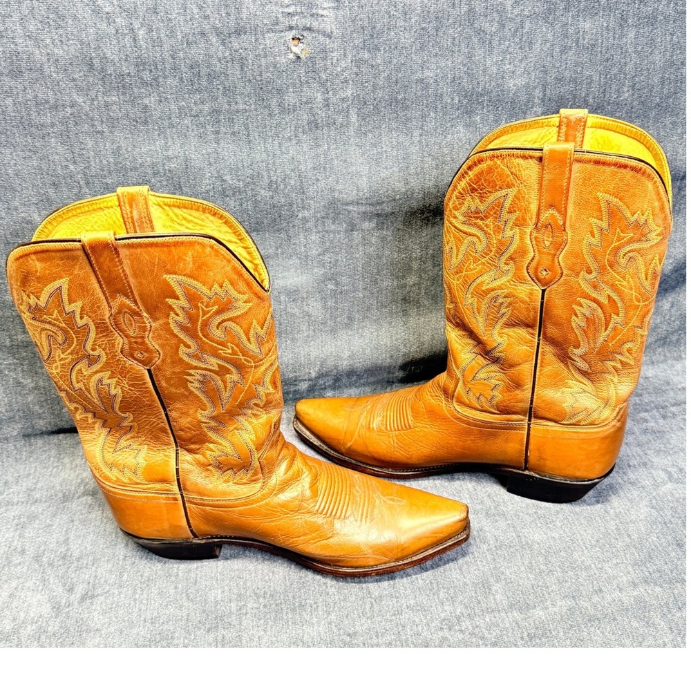 Old West Cowboy Boots Mens 12 D Tan Leather Pointed Toe Western Stitch MF1529